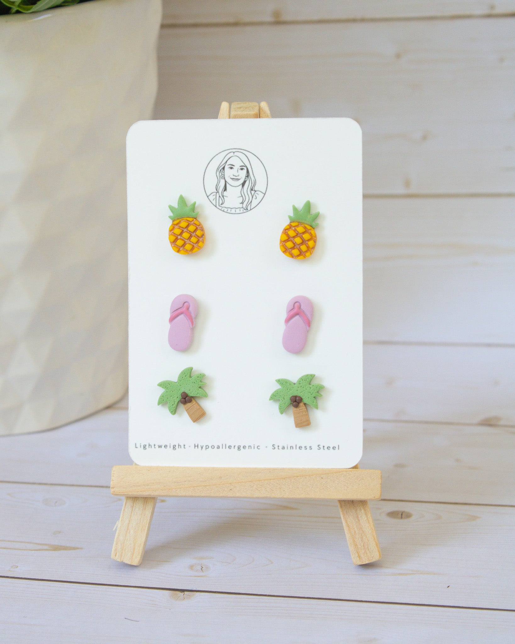 SS9 Pineapple Flipflop Palm Tree Stud pack Earrings | Cute Summer Fruit Earrings | Handmade Polymer Clay | Hypoallergenic