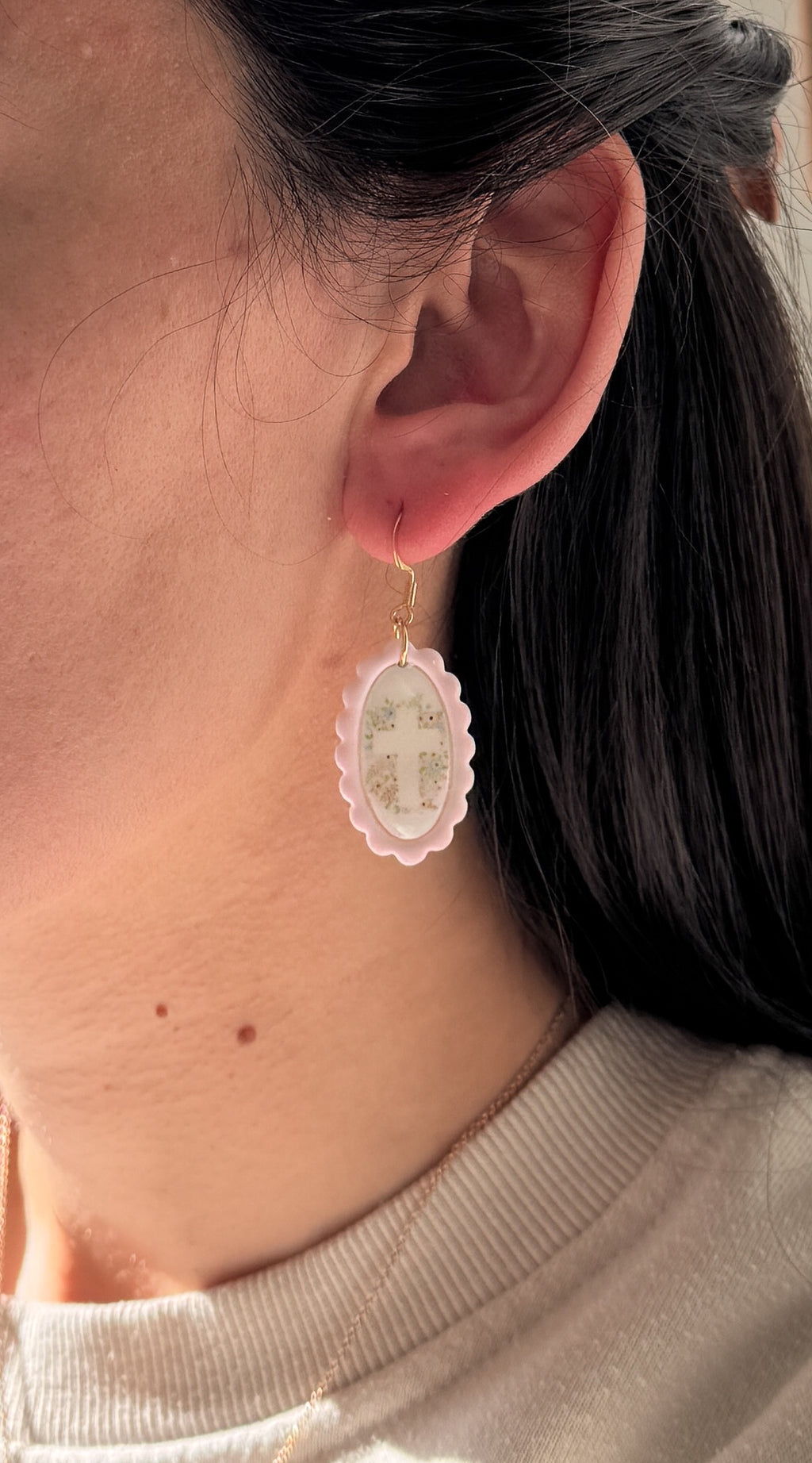Faith Inspired Floral Dangle Earrings, Handmade Polymer Clay, White and Pink, Christian Gift, Lightweight Statement Jewelry