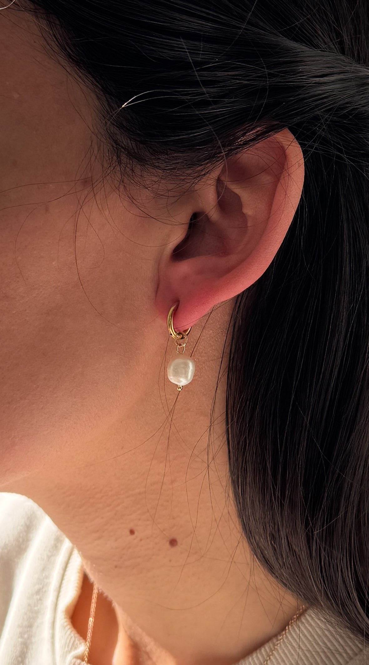 P7 Pearl Earrings, Stainless Steel, Hypoallergenic, Elegant Dangle Jewelry, Timeless Minimalist Gift for Her .