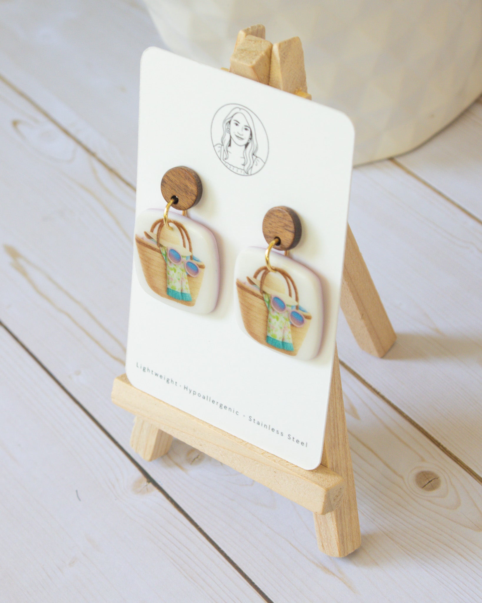 SS15 Summer Tote Bag Earrings Wood | Vacation Statement Earrings | Handmade Polymer Clay | Lightweight