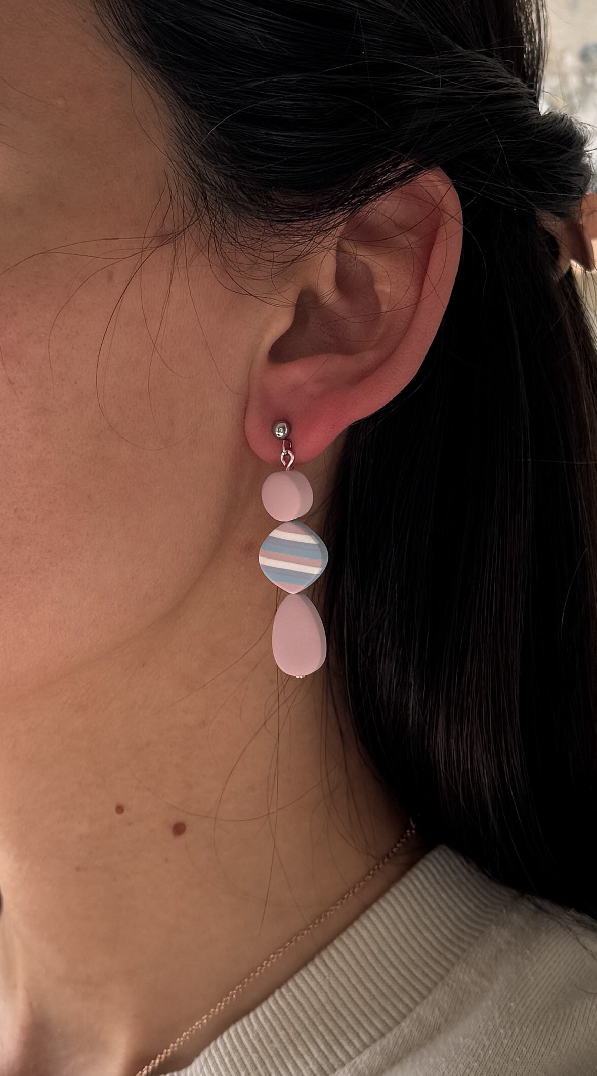 Pastel Dangle Earrings – Striped Polymer Clay Jewelry – Soft Minimalist Statement Earrings – Lightweight Handmade