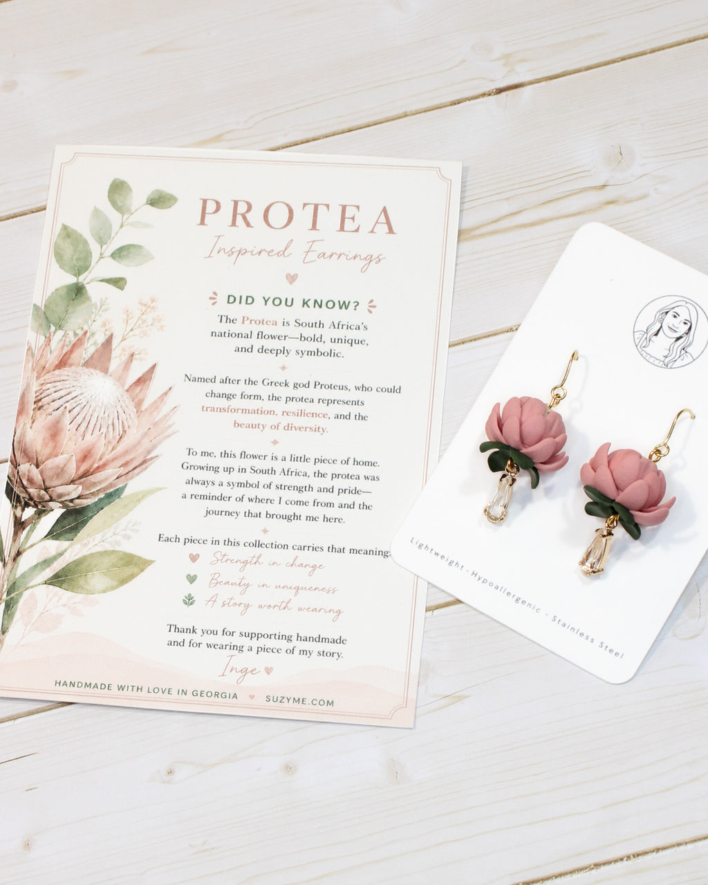 P1 Protea Flower Jewelry, Elegant South African Inspired Artisan Handmade Earrings, Unique Gifts for Her, Natural soft tones, Glass Crystal, Gold