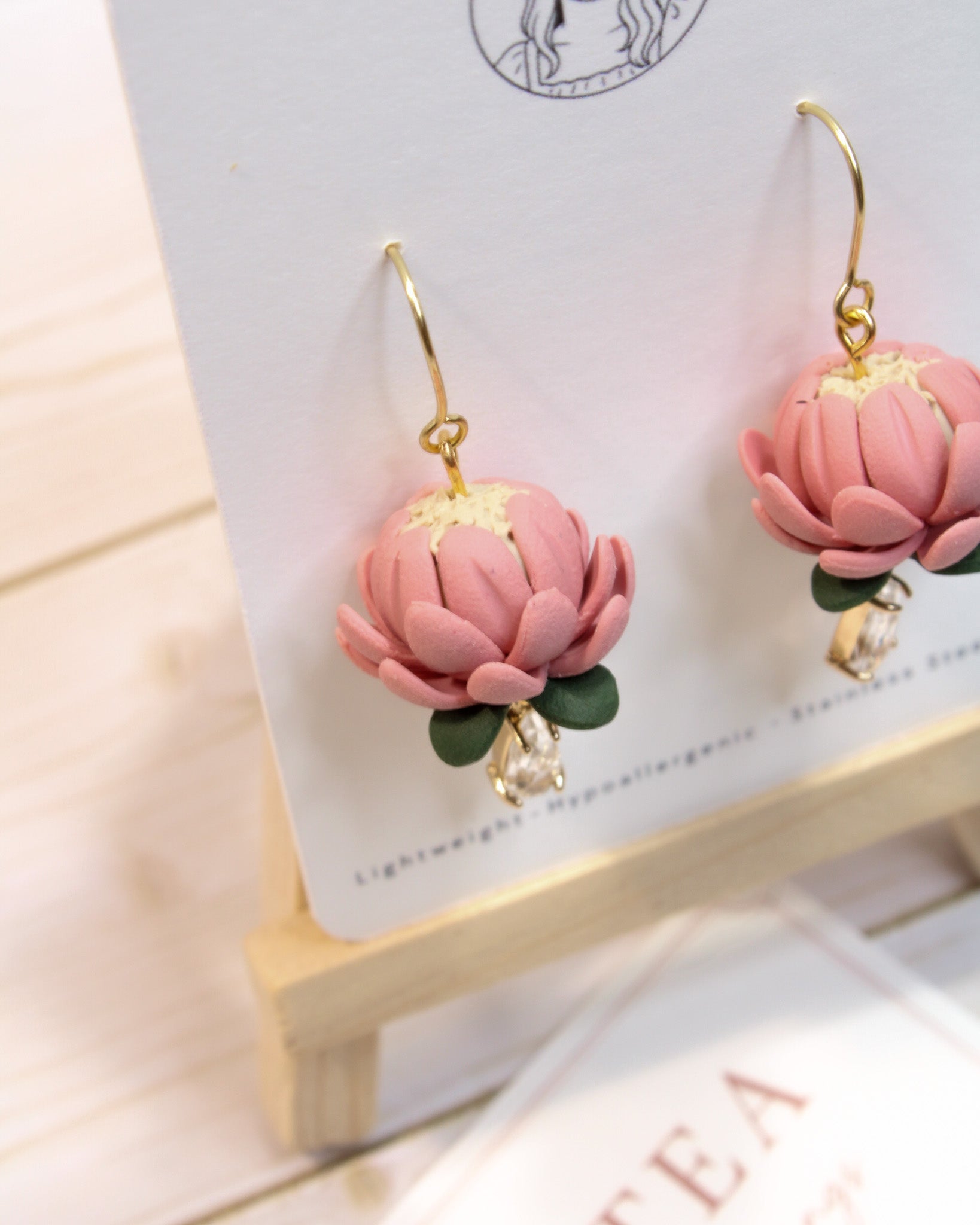 P1 Protea Flower Jewelry, Elegant South African Inspired Artisan Handmade Earrings, Unique Gifts for Her, Natural soft tones, Glass Crystal, Gold