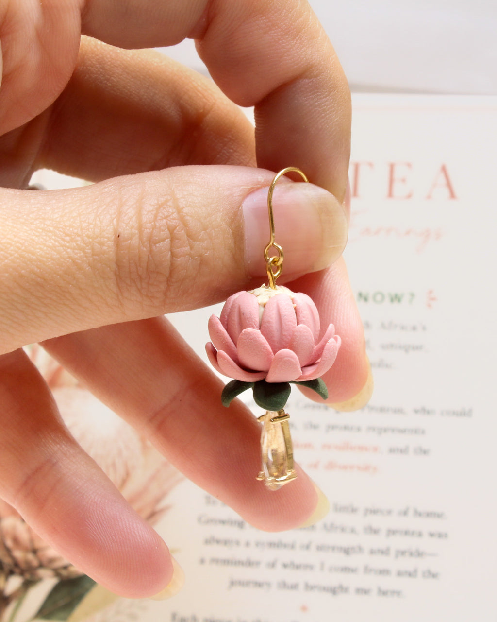 P1 Protea Flower Jewelry, Elegant South African Inspired Artisan Handmade Earrings, Unique Gifts for Her, Natural soft tones, Glass Crystal, Gold