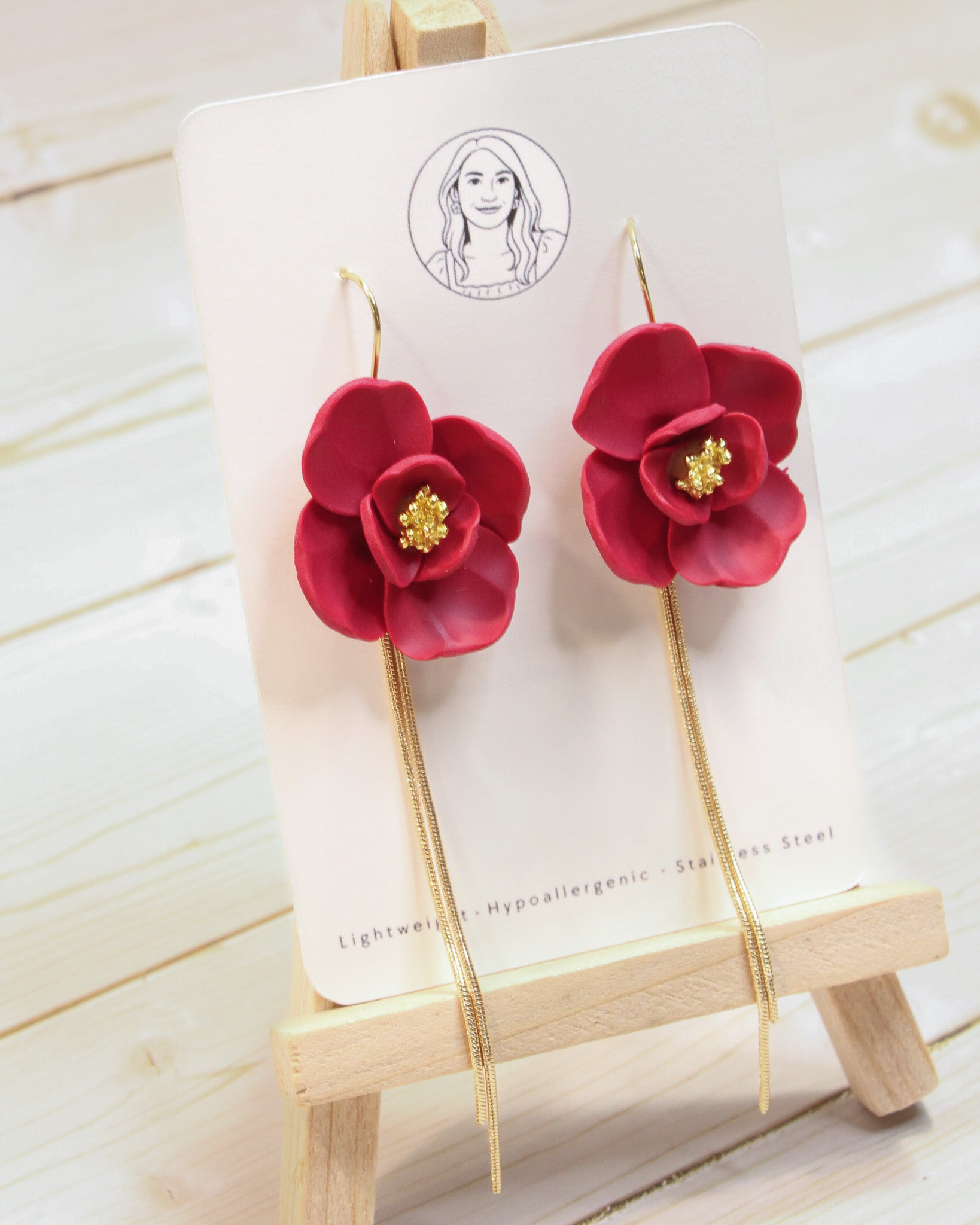 Delicate Red Flower With Gold Dangles, Lightweight Handmade Jewelry, Boutique Gift for Her