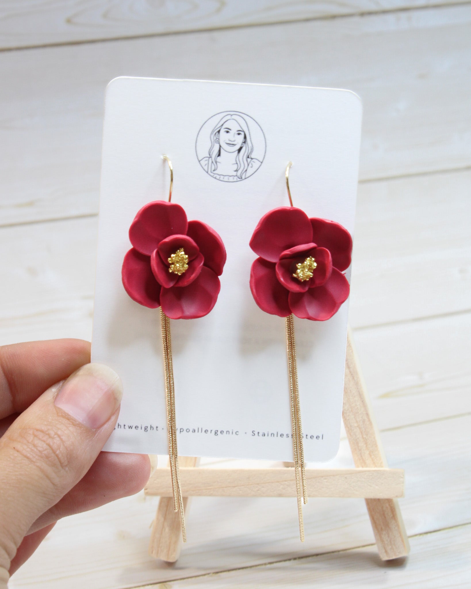 Delicate Red Flower With Gold Dangles, Lightweight Handmade Jewelry, Boutique Gift for Her