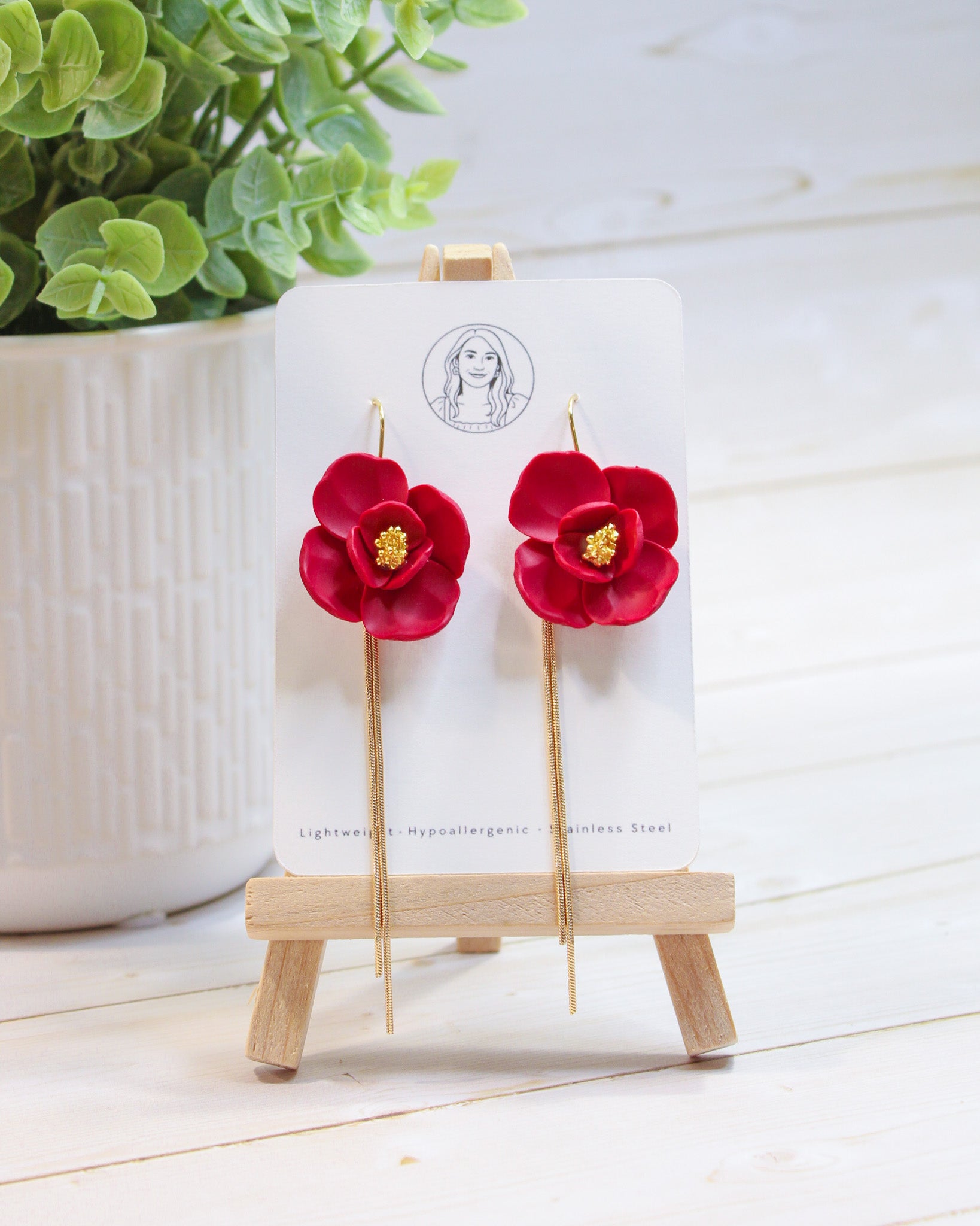 Delicate Red Flower With Gold Dangles, Lightweight Handmade Jewelry, Boutique Gift for Her