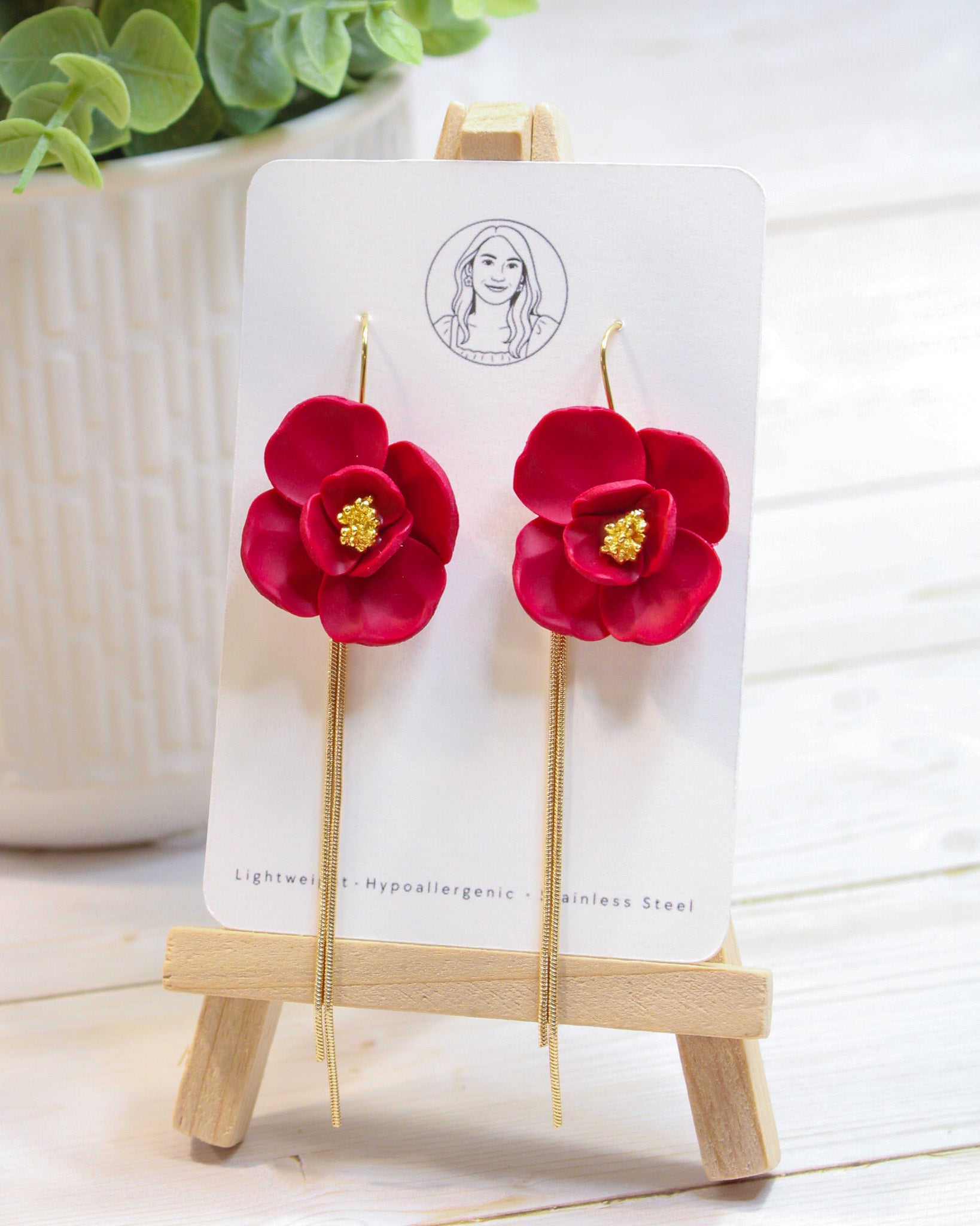 Delicate Red Flower With Gold Dangles, Lightweight Handmade Jewelry, Boutique Gift for Her