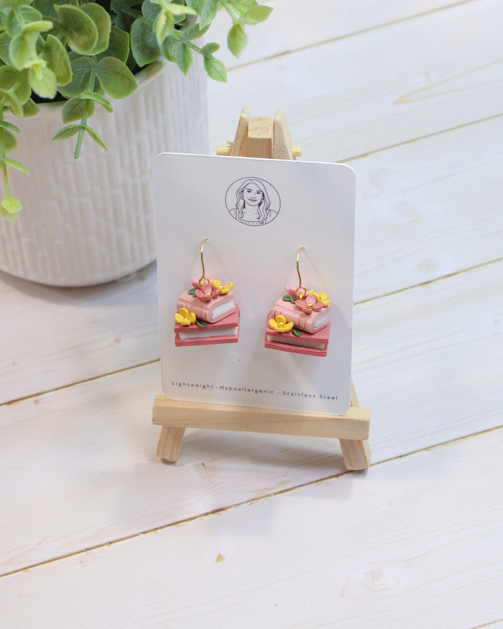 PUG1 Dainty Floral Bookish Inspired Earrings, Handmade Polymer Clay Dangle, Gift, Soft Colors