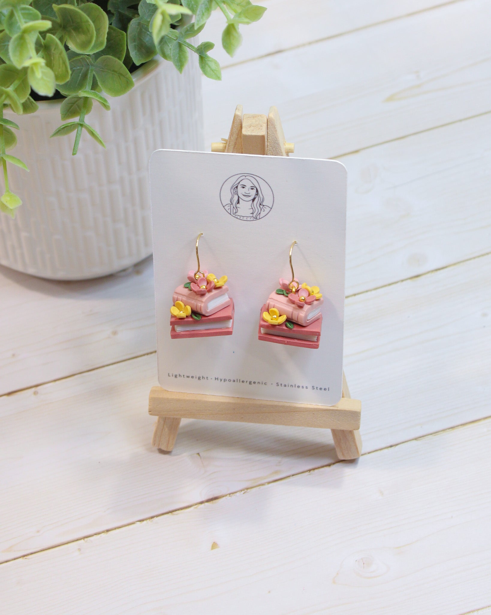 PUG1 Dainty Floral Bookish Inspired Earrings, Handmade Polymer Clay Dangle, Gift, Soft Colors