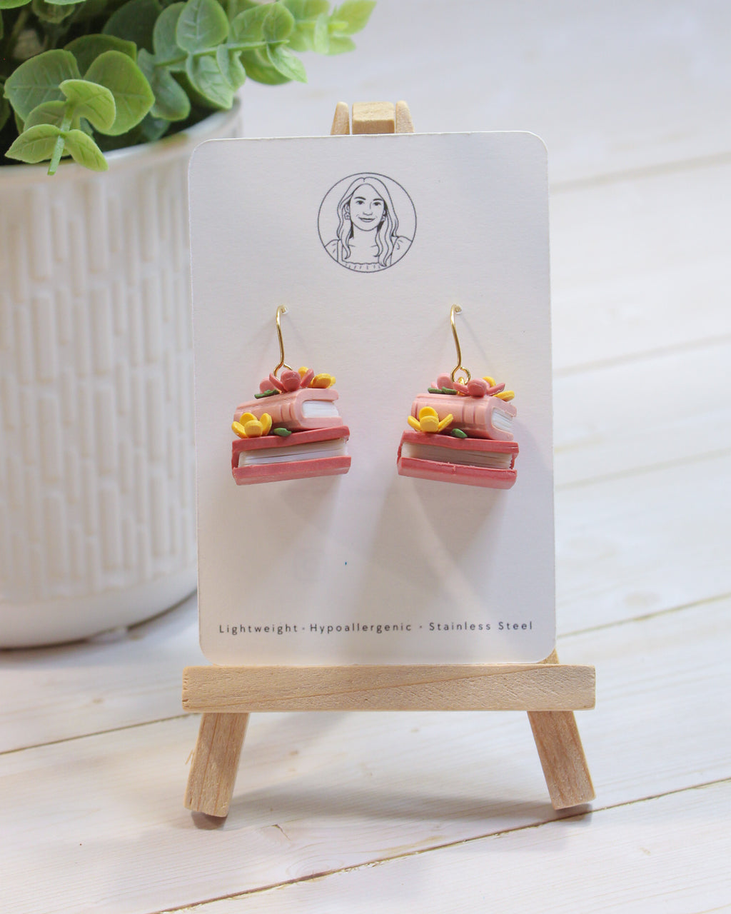 PUG1 Dainty Floral Bookish Inspired Earrings, Handmade Polymer Clay Dangle, Gift, Soft Colors
