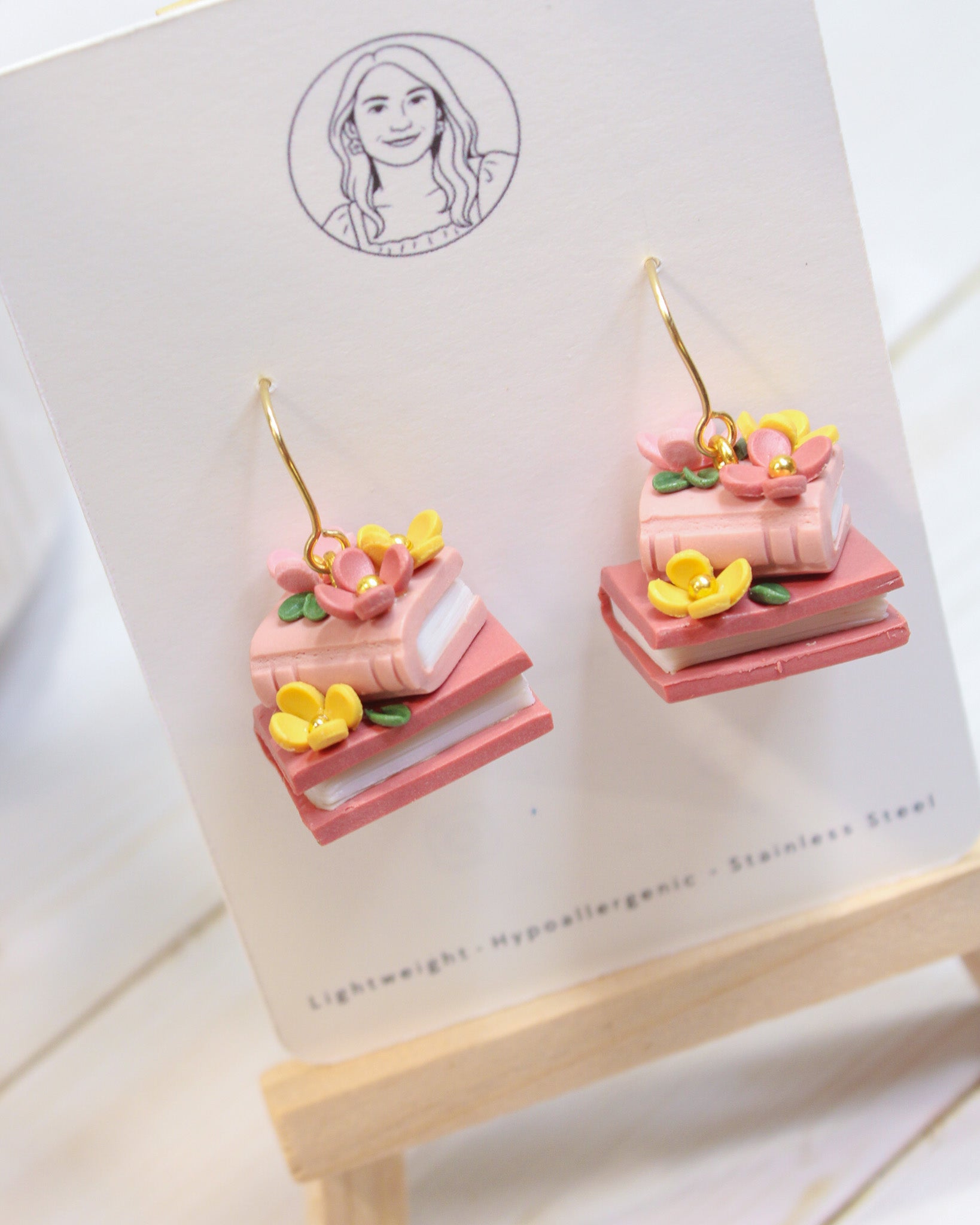PUG1 Dainty Floral Bookish Inspired Earrings, Handmade Polymer Clay Dangle, Gift, Soft Colors