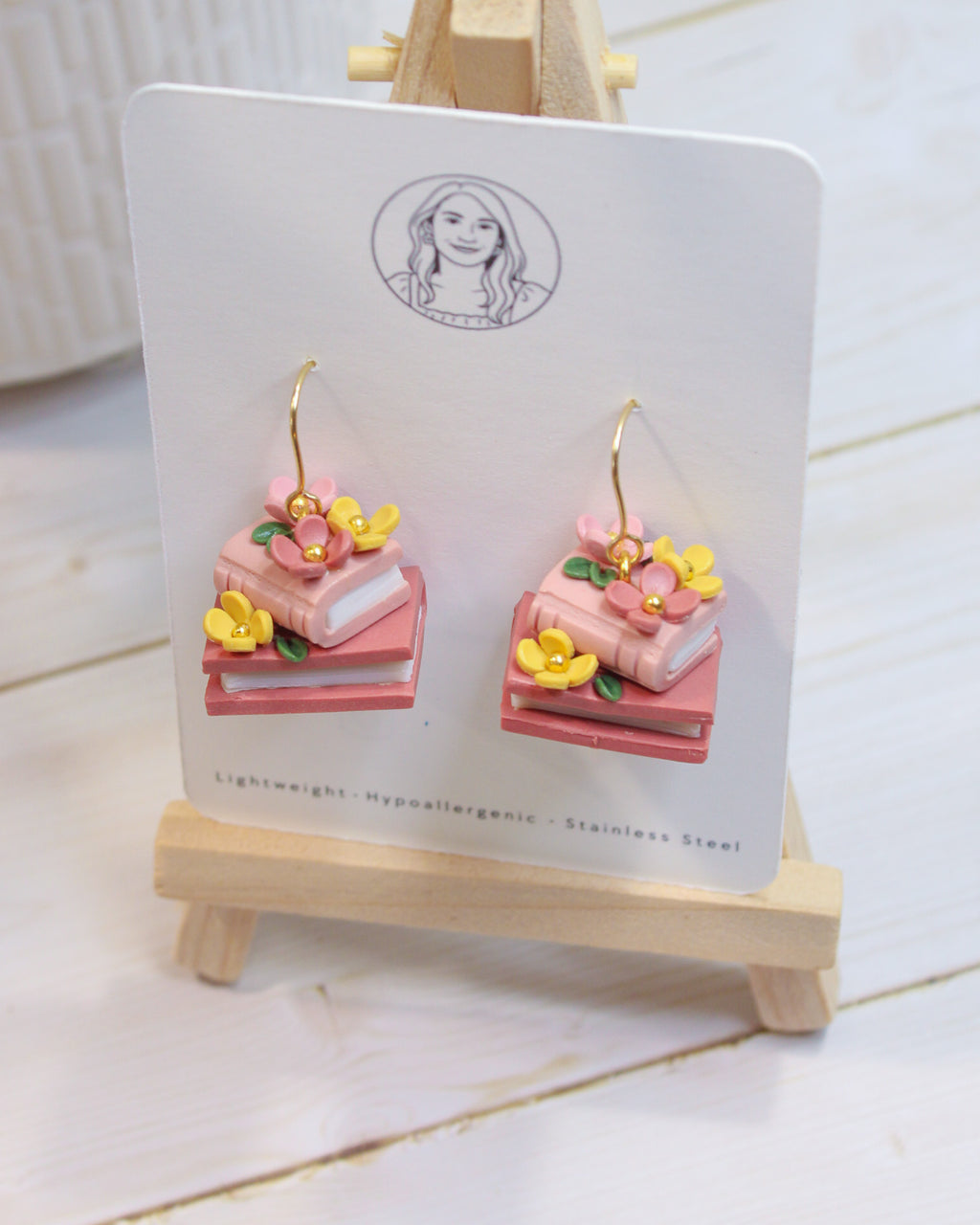PUG1 Dainty Floral Bookish Inspired Earrings, Handmade Polymer Clay Dangle, Gift, Soft Colors