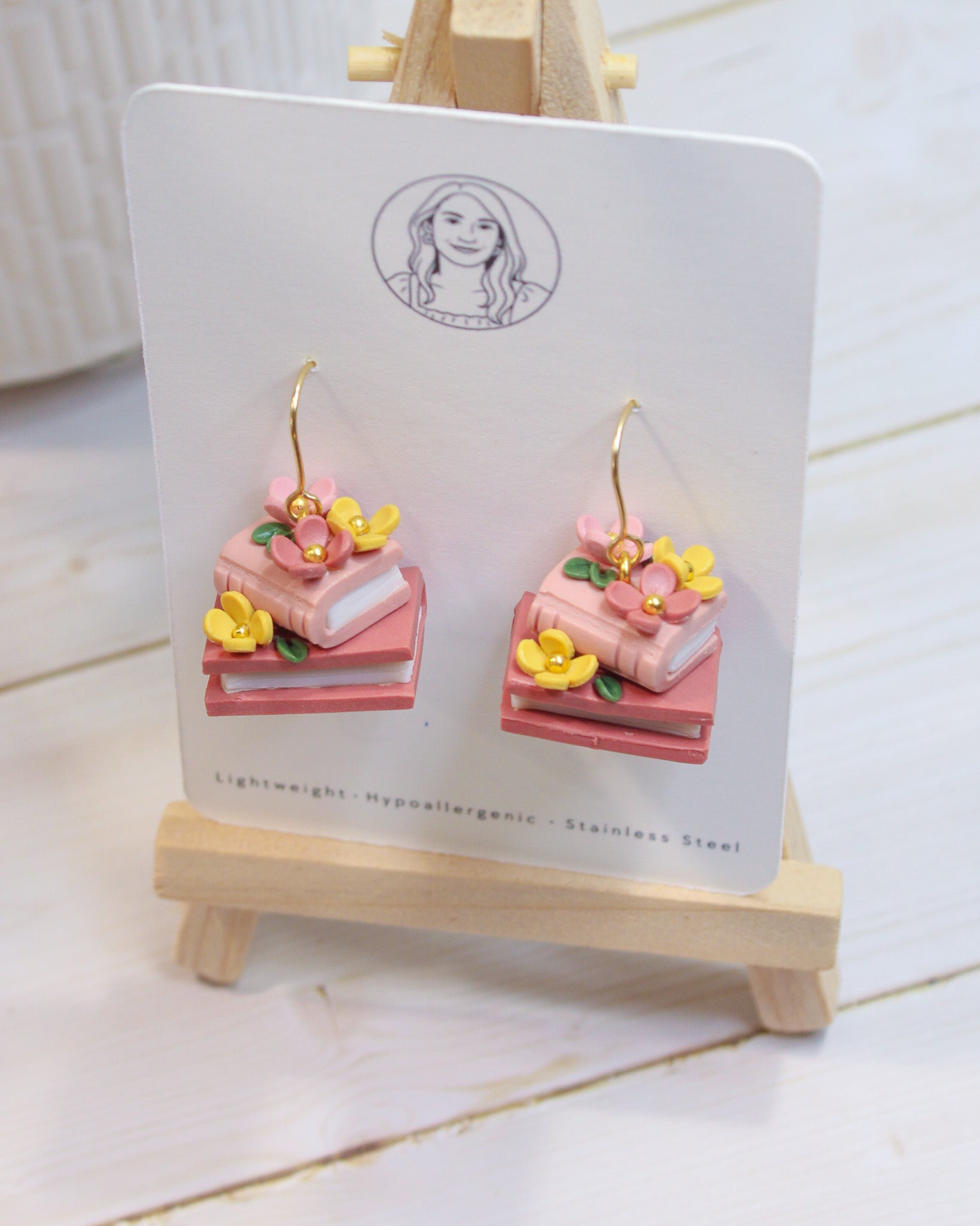PUG1 Dainty Floral Bookish Inspired Earrings, Handmade Polymer Clay Dangle, Gift, Soft Colors