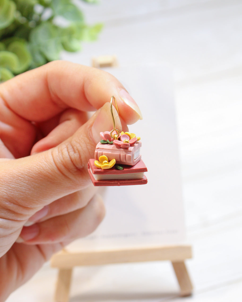 PUG1 Dainty Floral Bookish Inspired Earrings, Handmade Polymer Clay Dangle, Gift, Soft Colors