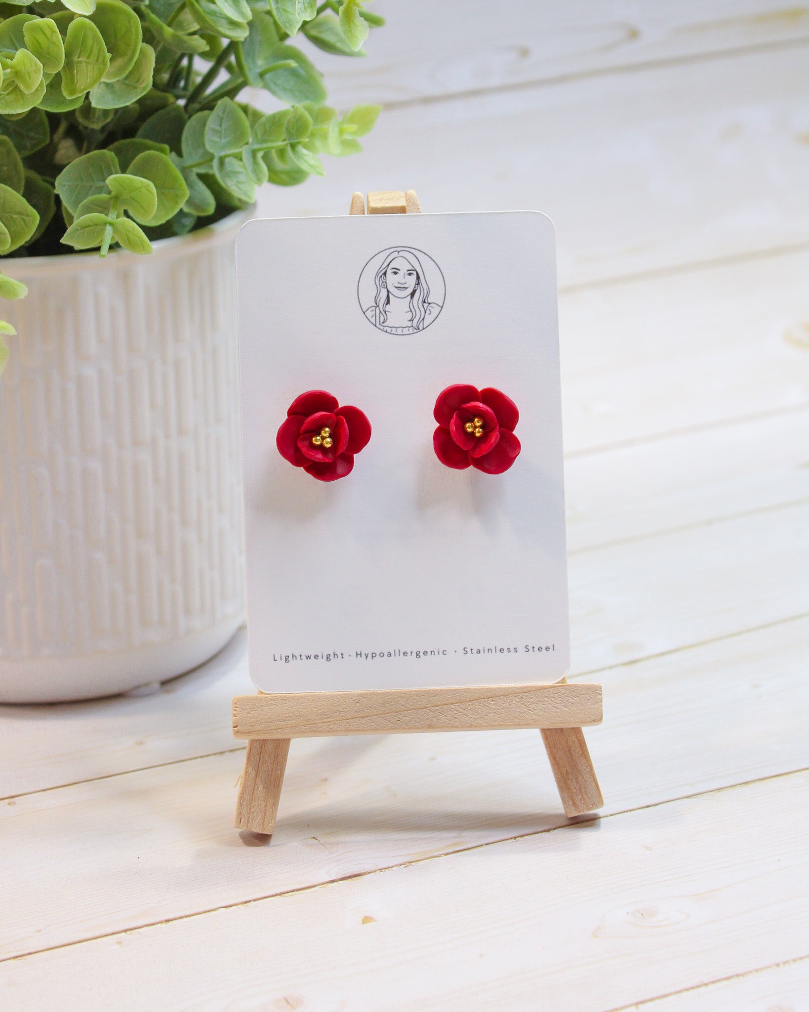 Delicate Red Flower With Gold, Lightweight Handmade Jewelry, Boutique Gift for Her, STUDS