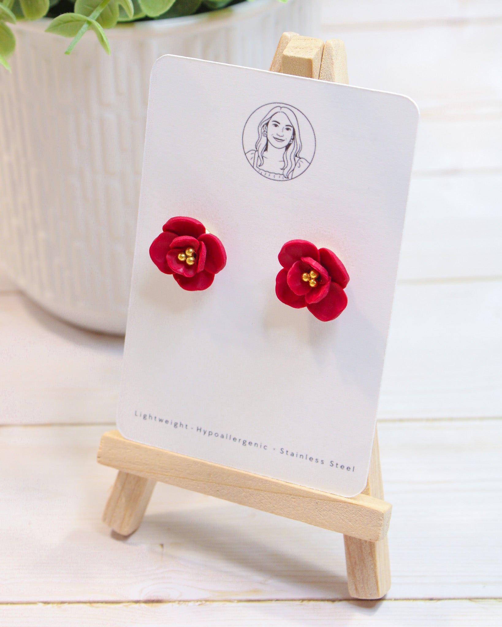 Delicate Red Flower With Gold, Lightweight Handmade Jewelry, Boutique Gift for Her, STUDS