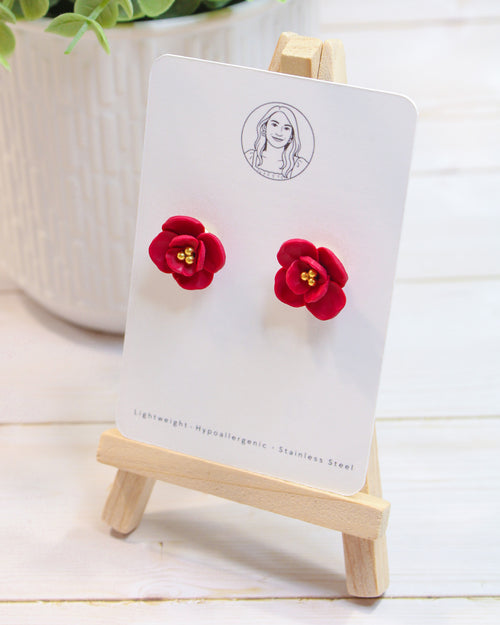 Delicate Red Flower With Gold, Lightweight Handmade Jewelry, Boutique Gift for Her, STUDS