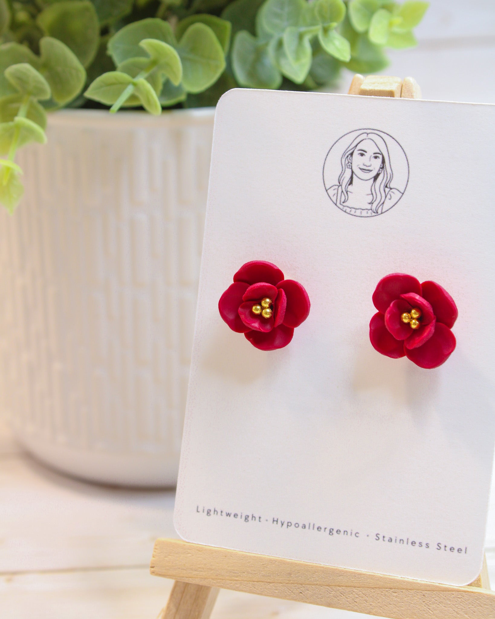 Delicate Red Flower With Gold, Lightweight Handmade Jewelry, Boutique Gift for Her, STUDS