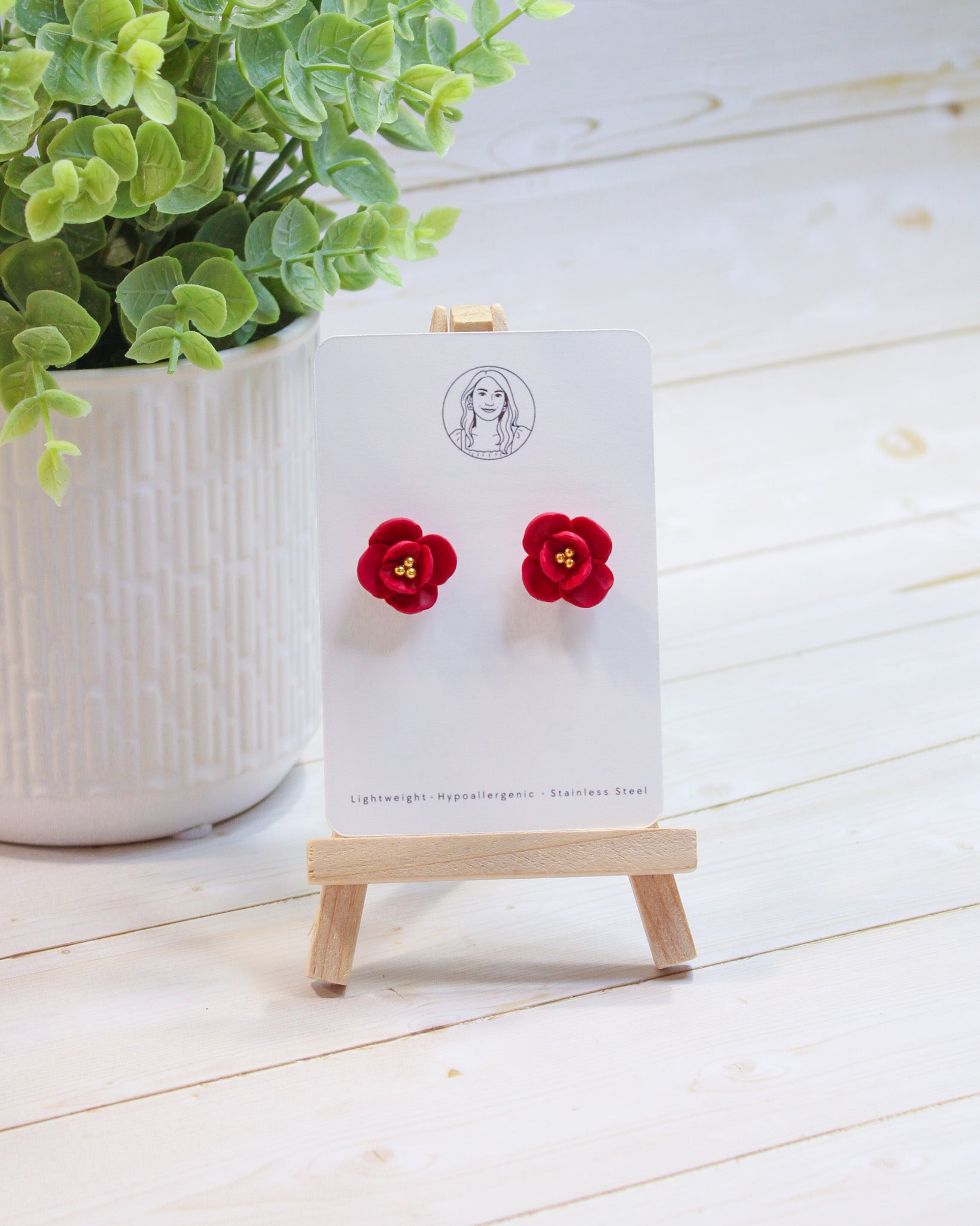 Delicate Red Flower With Gold, Lightweight Handmade Jewelry, Boutique Gift for Her, STUDS