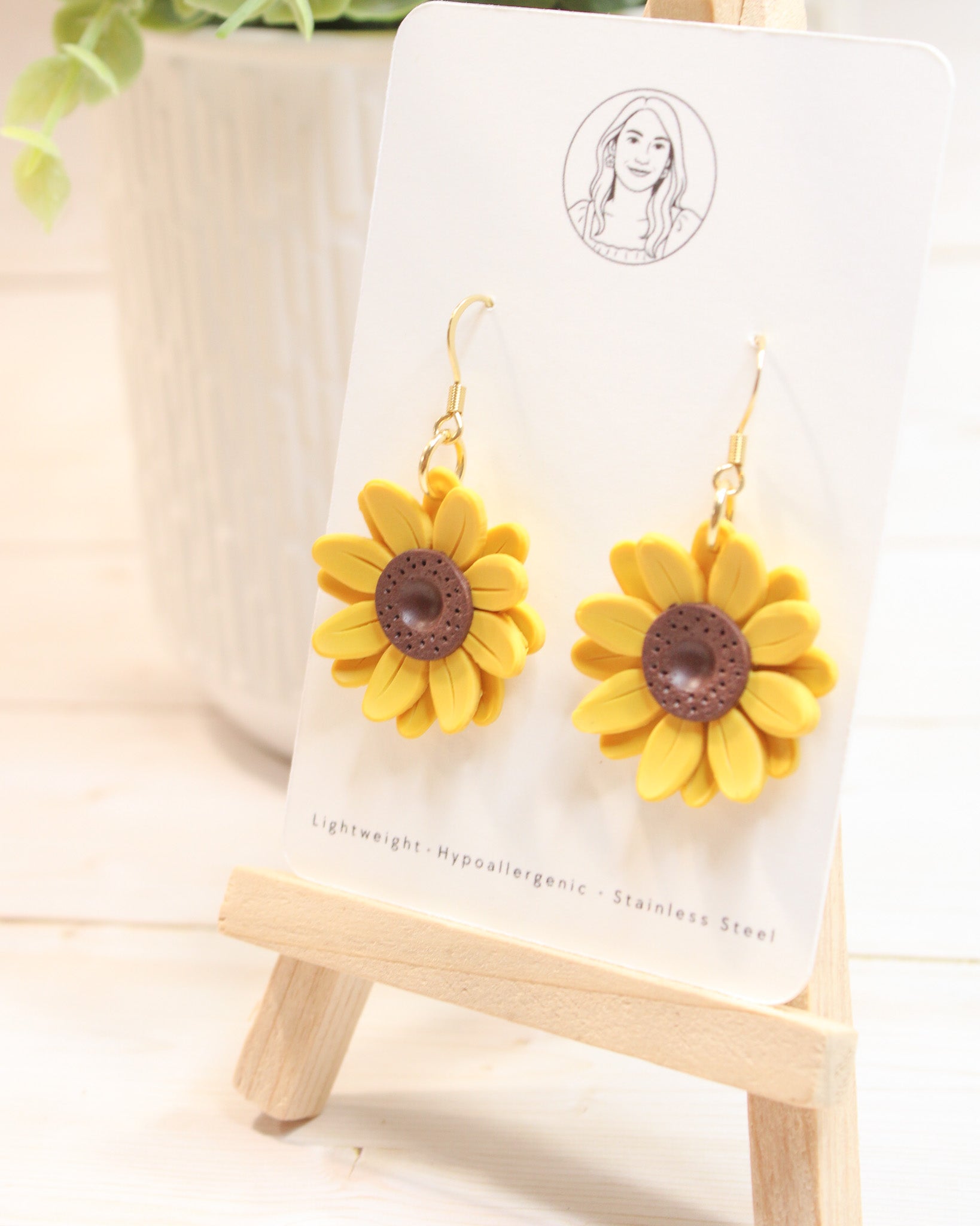 Yellow Sunflower 1 Floral Handmade Lightweight, Polymer Clay Dangle Earrings, Gift for Her