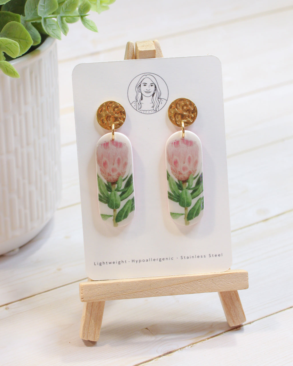 P2 Protea Flower Jewelry, Elegant South African Inspired Artisan Handmade Earrings, Unique Gifts for Her, Natural soft tones, Gold Bow