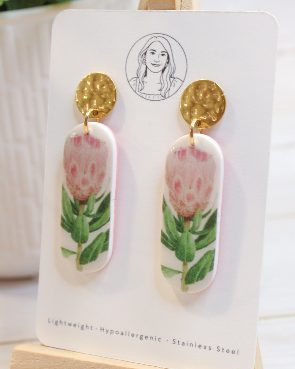 P2 Protea Flower Jewelry, Elegant South African Inspired Artisan Handmade Earrings, Unique Gifts for Her, Natural soft tones, Gold Bow