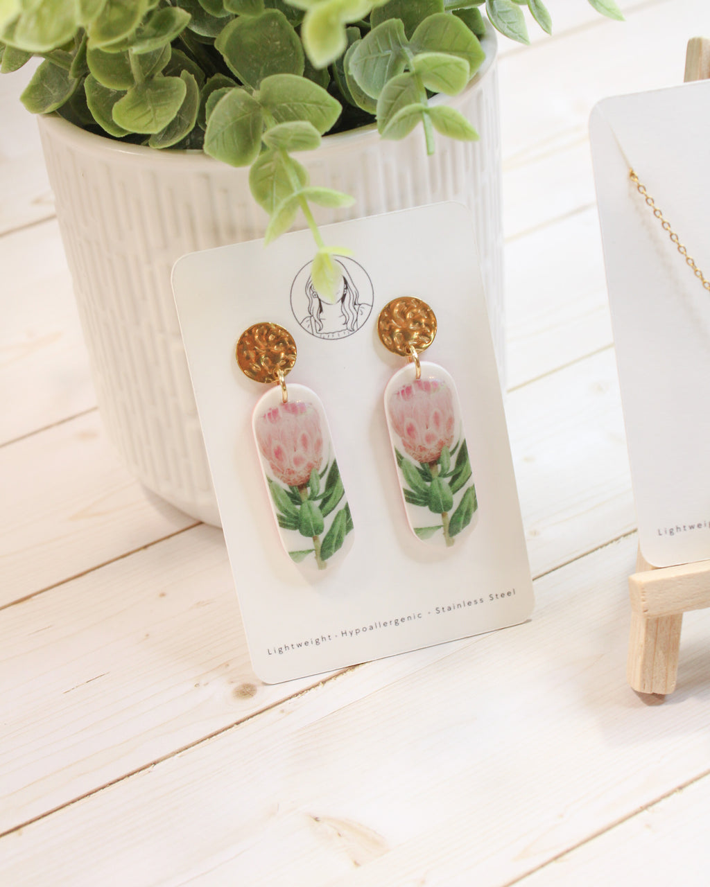 P2 Protea Flower Jewelry, Elegant South African Inspired Artisan Handmade Earrings, Unique Gifts for Her, Natural soft tones, Gold Bow