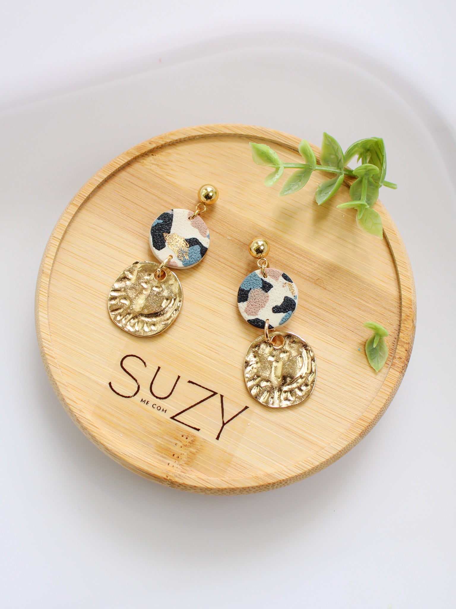 TL4 Terrazzo Neutral Lightweight Hypoallergenic Earrings | Modern Blush, black &amp; Ivory Gold Dangle Earrings | Gift for Her | Boutique