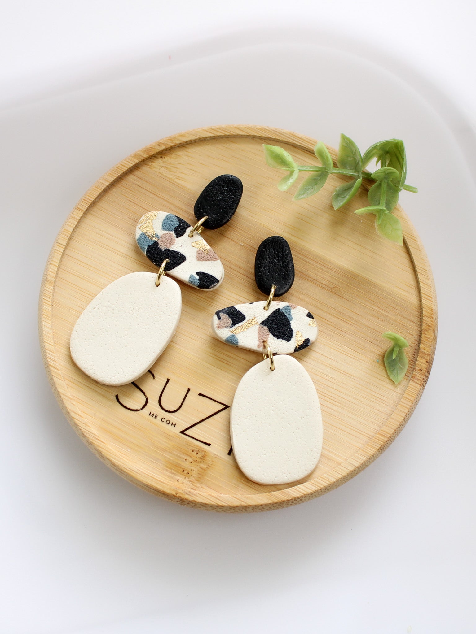 TL5 Terrazzo Neutral Lightweight Hypoallergenic Earrings | Modern Blush, black &amp; Ivory Gold Dangle Earrings | Gift for Her | Boutique
