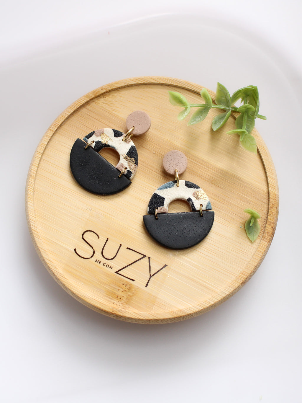 TL9 Terrazzo Marble Neutral Lightweight Hypoallergenic Earrings | Modern Blush, black & Ivory Gold Dangle Earrings | Gift for Her | Boutique