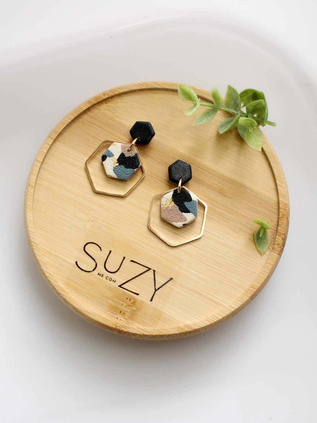 TL14 Terrazzo Marble Neutral Lightweight Hypoallergenic Earrings | Modern Blush, black & Ivory Hexagon Gold Dangle Earrings | Gift for Her | Boutique