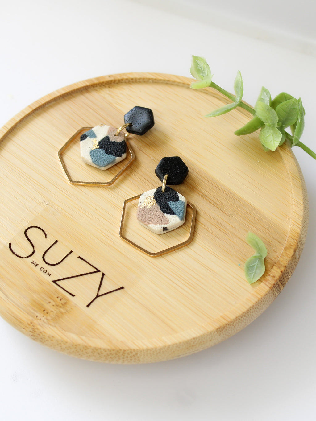 TL14 Terrazzo Marble Neutral Lightweight Hypoallergenic Earrings | Modern Blush, black & Ivory Hexagon Gold Dangle Earrings | Gift for Her | Boutique