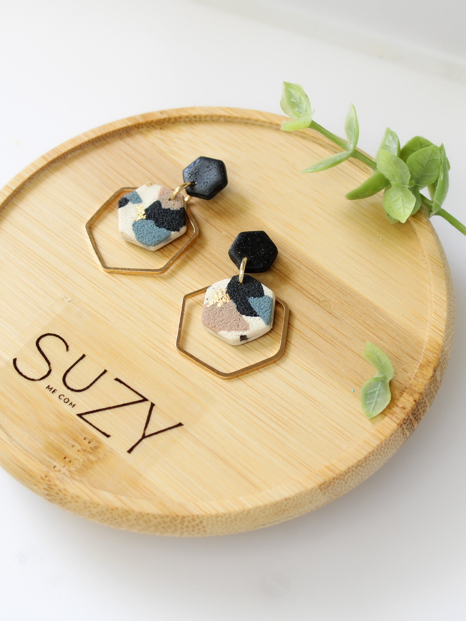 TL14 Terrazzo Marble Neutral Lightweight Hypoallergenic Earrings | Modern Blush, black & Ivory Hexagon Gold Dangle Earrings | Gift for Her | Boutique