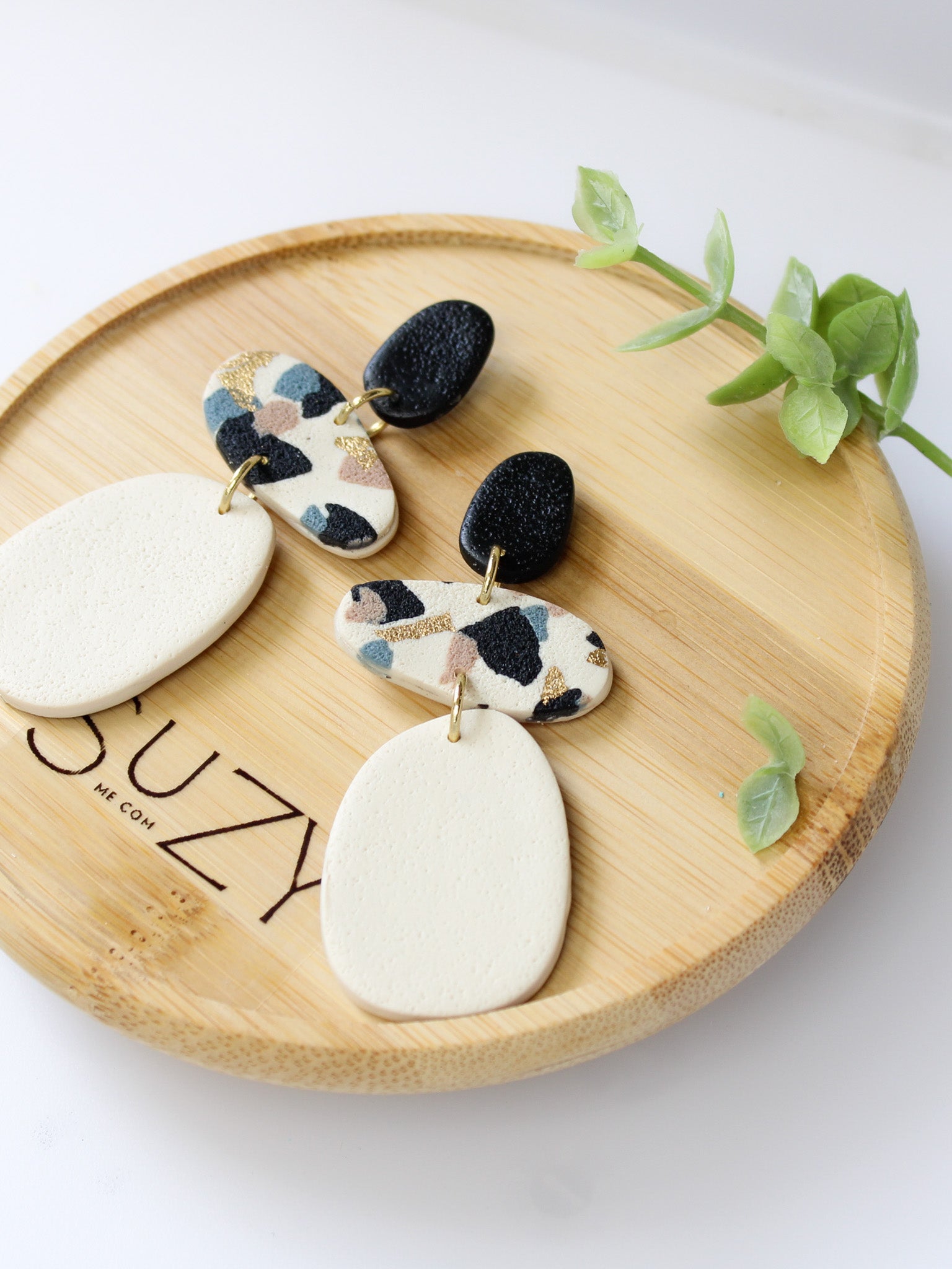 TL5 Terrazzo Neutral Lightweight Hypoallergenic Earrings | Modern Blush, black &amp; Ivory Gold Dangle Earrings | Gift for Her | Boutique