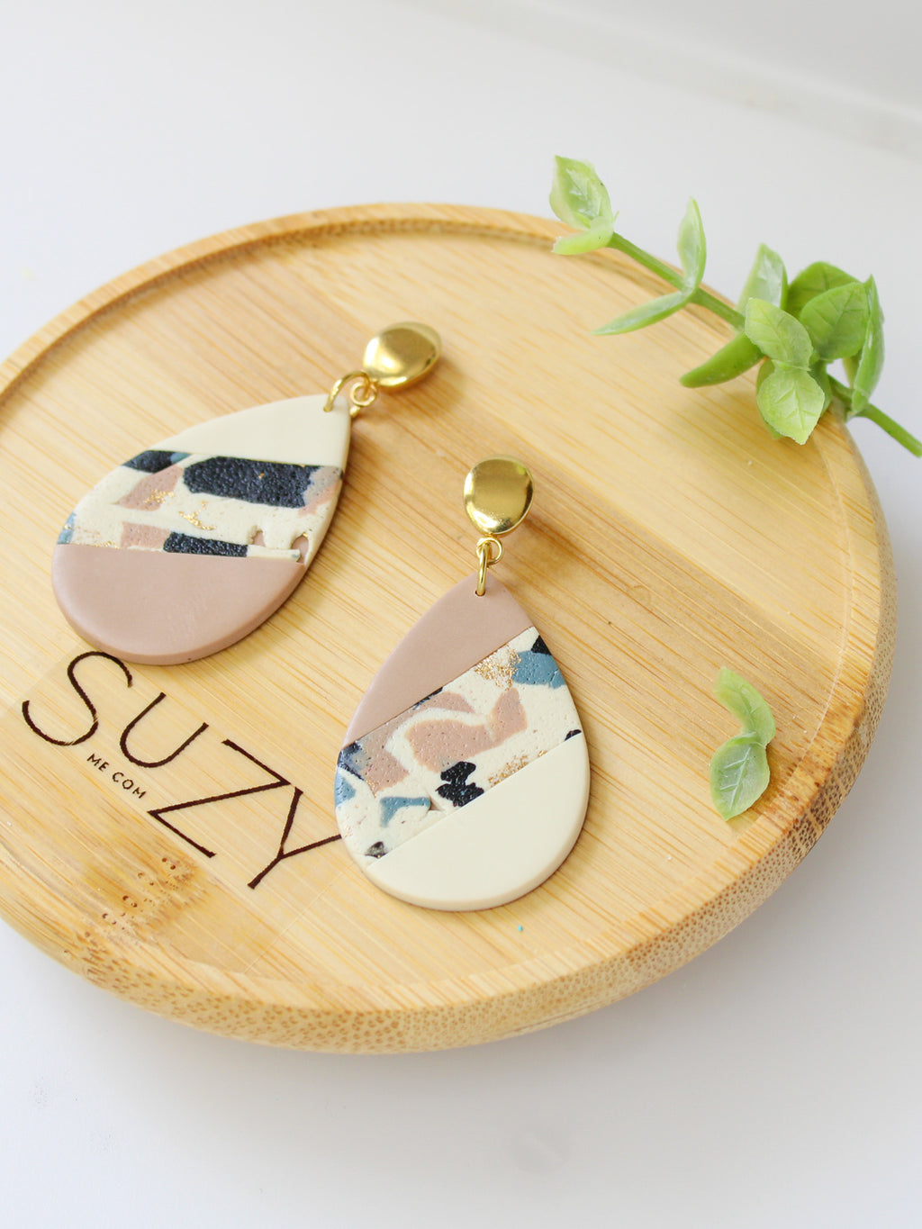 TL2 Terrazzo Neutral Lightweight Hypoallergenic Earrings | Modern Blush, black & Ivory Teardrop Dangle Earrings | Gift for Her | Boutique