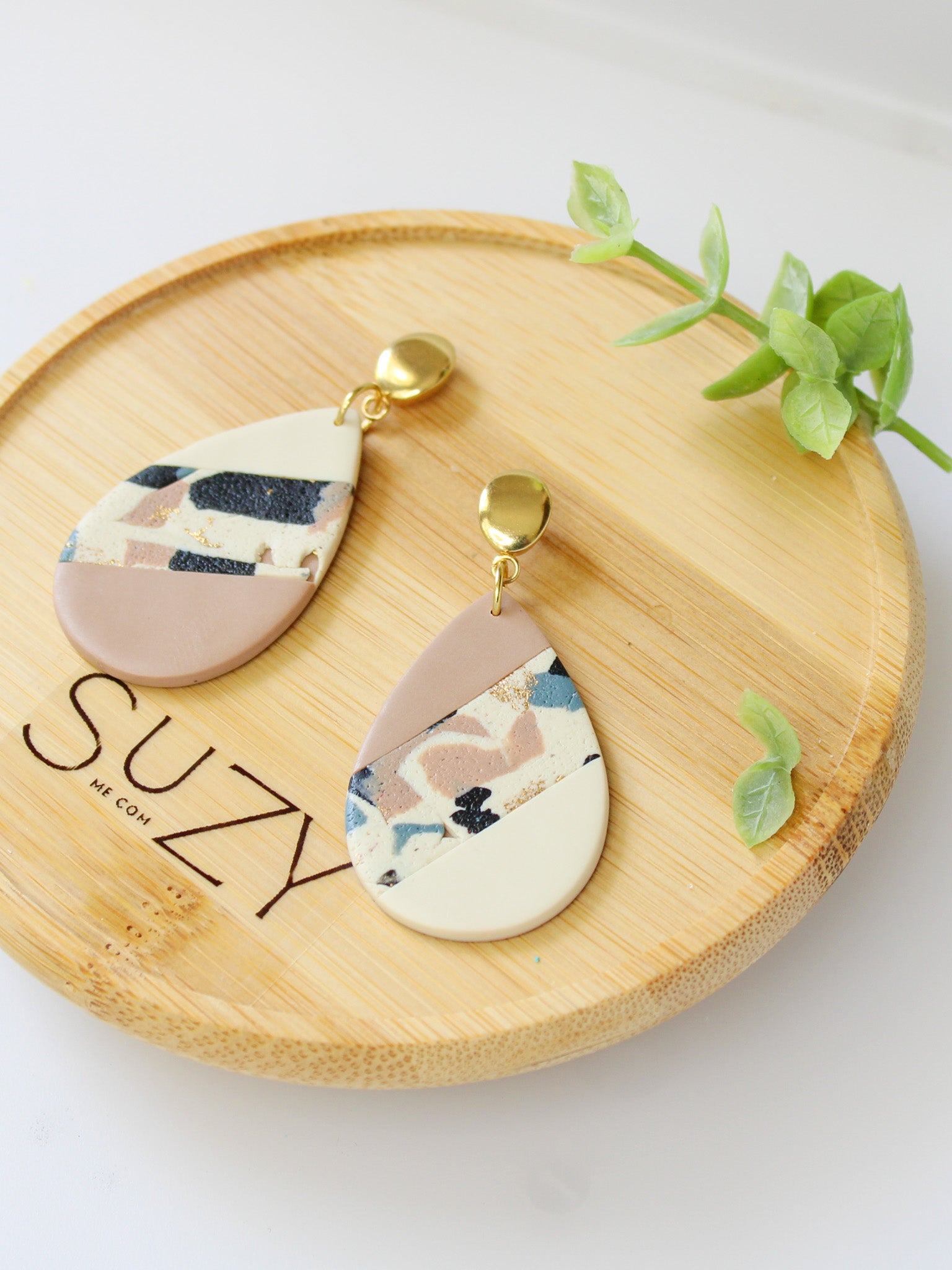 TL2 Terrazzo Neutral Lightweight Hypoallergenic Earrings | Modern Blush, black & Ivory Teardrop Dangle Earrings | Gift for Her | Boutique