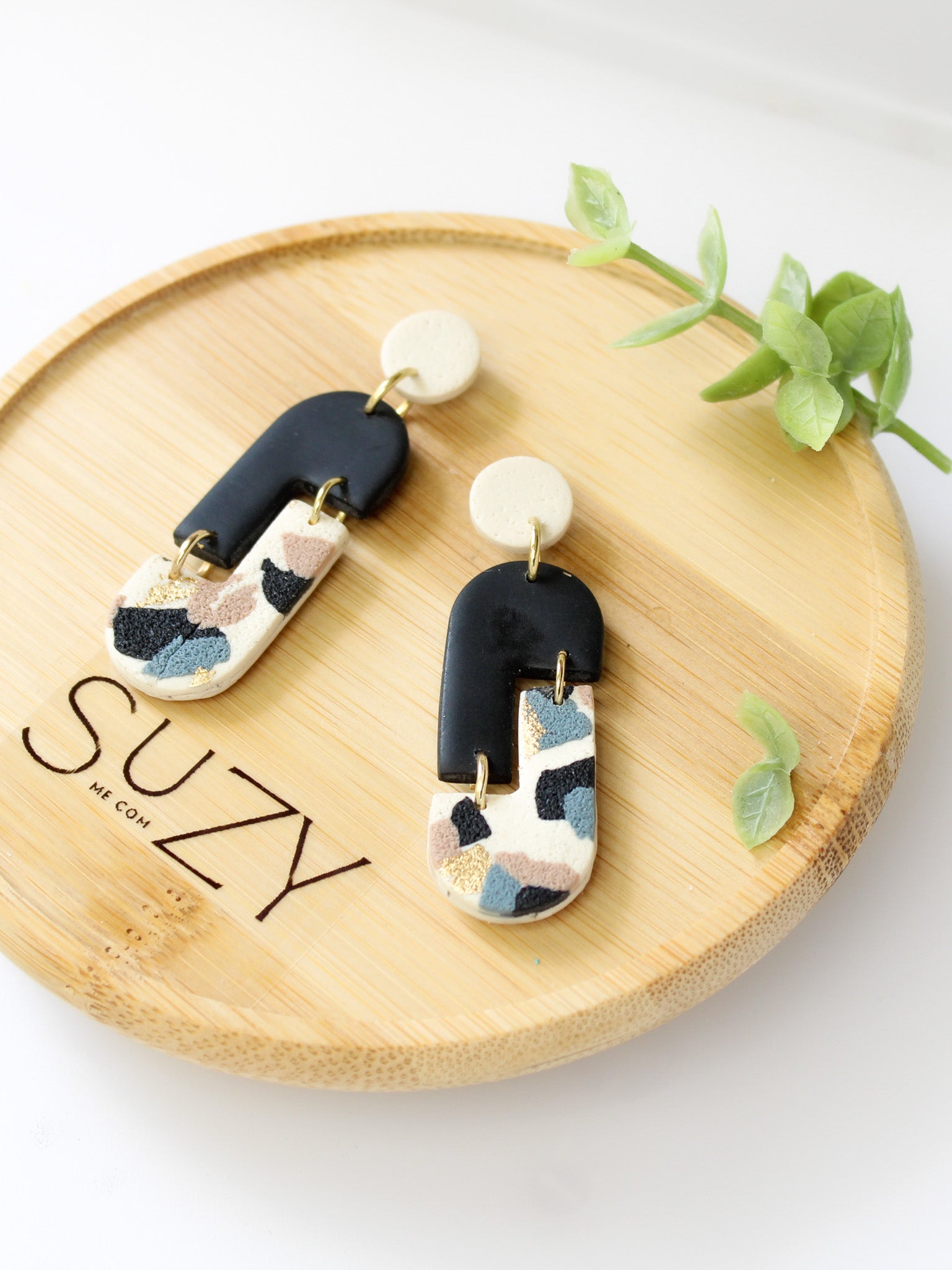 TL12 Terrazzo Marble Neutral Lightweight Hypoallergenic Earrings | Modern Blush, black & Ivory Gold Dangle Earrings | Gift for Her | Boutique