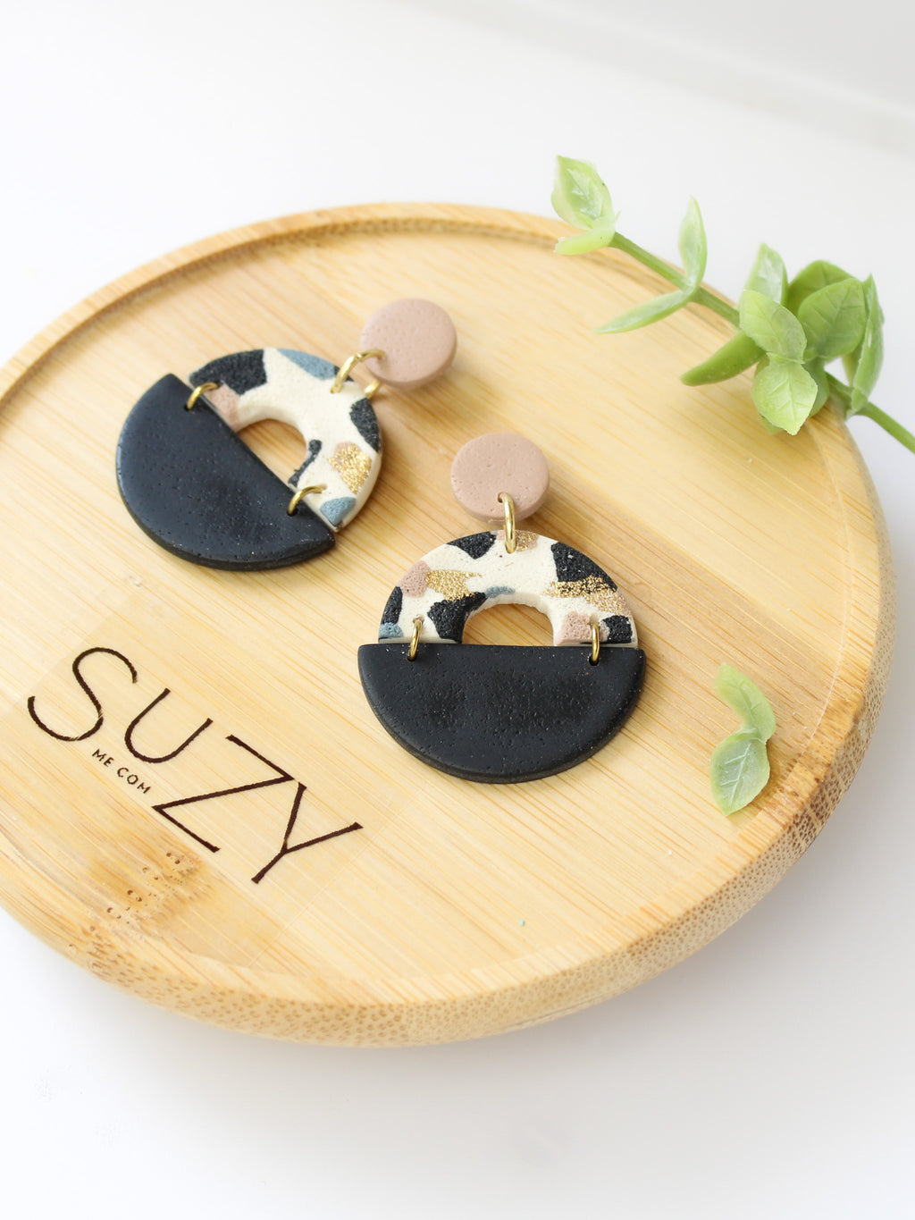 TL9 Terrazzo Marble Neutral Lightweight Hypoallergenic Earrings | Modern Blush, black & Ivory Gold Dangle Earrings | Gift for Her | Boutique