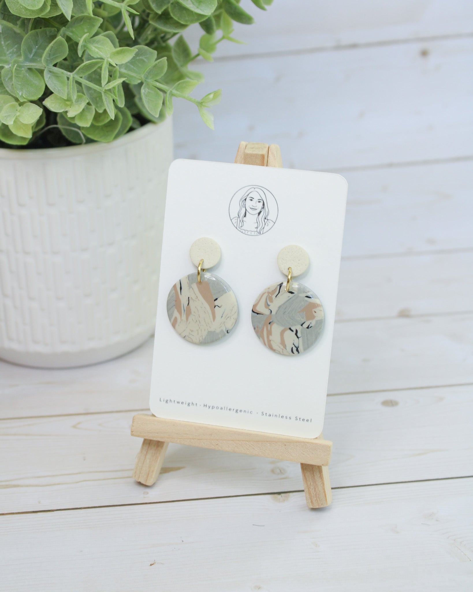 TL7 Terrazzo Marble Neutral Lightweight Hypoallergenic Earrings | Modern Blush, black & Ivory Gold Dangle Earrings | Gift for Her | Boutique