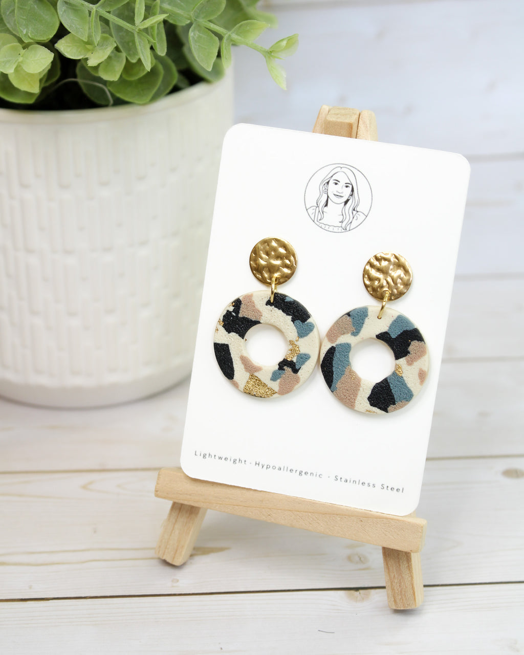 TL3 Terrazzo Neutral Lightweight Hypoallergenic Earrings | Modern Blush, black & Ivory Hoop Dangle Earrings | Gift for Her | Boutique