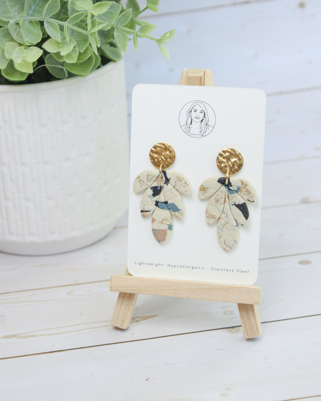 TL10 Terrazzo Marble Neutral Lightweight Hypoallergenic Earrings | Modern Blush, black & Ivory Gold Dangle Earrings | Gift for Her | Boutique