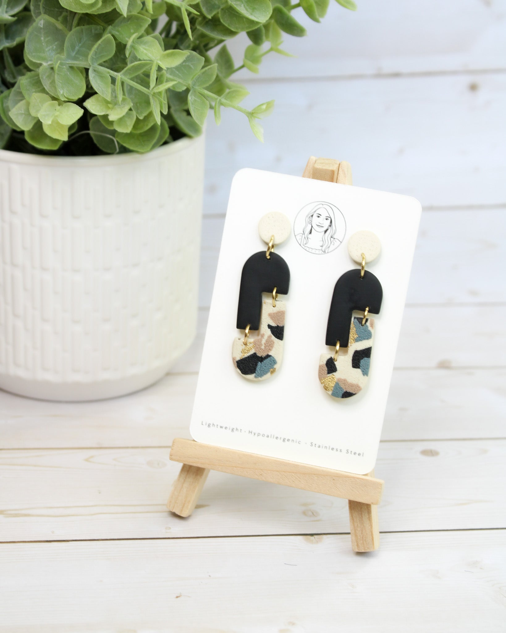 TL12 Terrazzo Marble Neutral Lightweight Hypoallergenic Earrings | Modern Blush, black & Ivory Gold Dangle Earrings | Gift for Her | Boutique