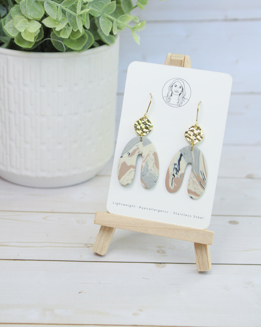 TL11 Terrazzo Marble Neutral Lightweight Hypoallergenic Earrings, Modern Blush, black & Ivory Gold Dangle Earrings | Gift for Her | Boutique