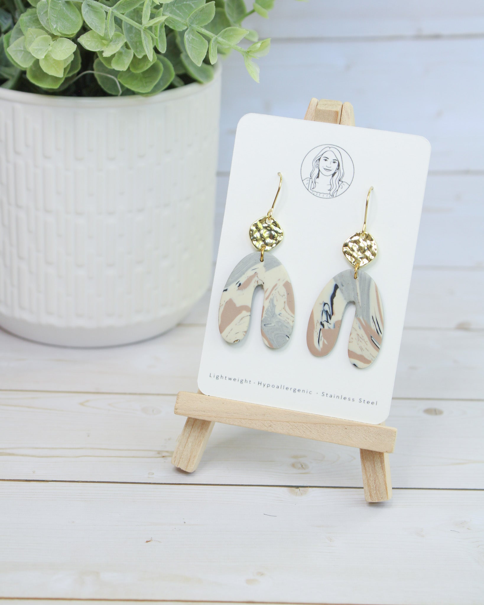 TL11 Terrazzo Marble Neutral Lightweight Hypoallergenic Earrings, Modern Blush, black & Ivory Gold Dangle Earrings | Gift for Her | Boutique
