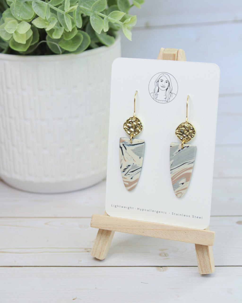 TL11 Terrazzo Marble Neutral Lightweight Hypoallergenic Earrings, Modern Blush, black & Ivory Gold Dangle Earrings | Gift for Her | Boutique