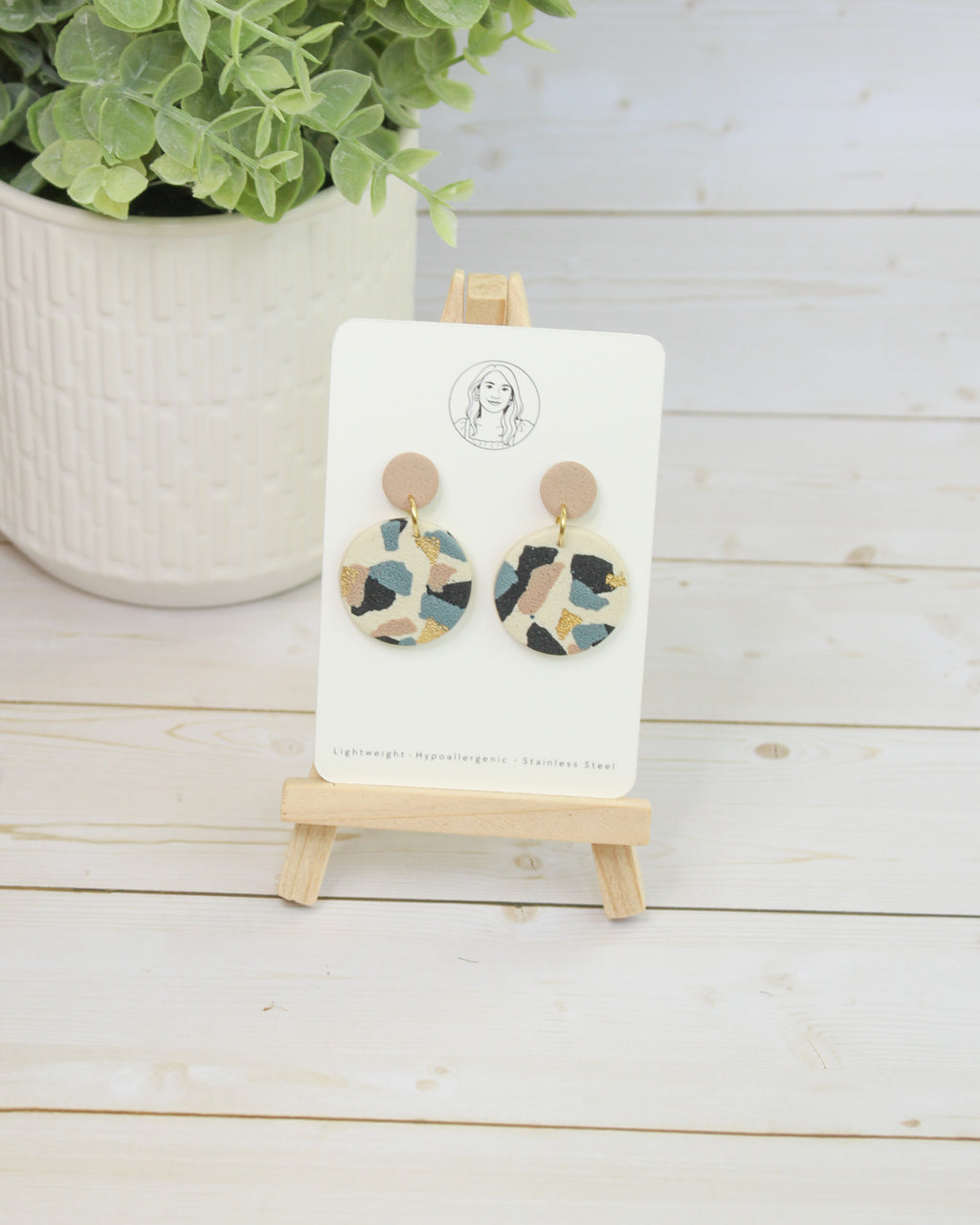 TL7 Terrazzo Marble Neutral Lightweight Hypoallergenic Earrings | Modern Blush, black & Ivory Gold Dangle Earrings | Gift for Her | Boutique