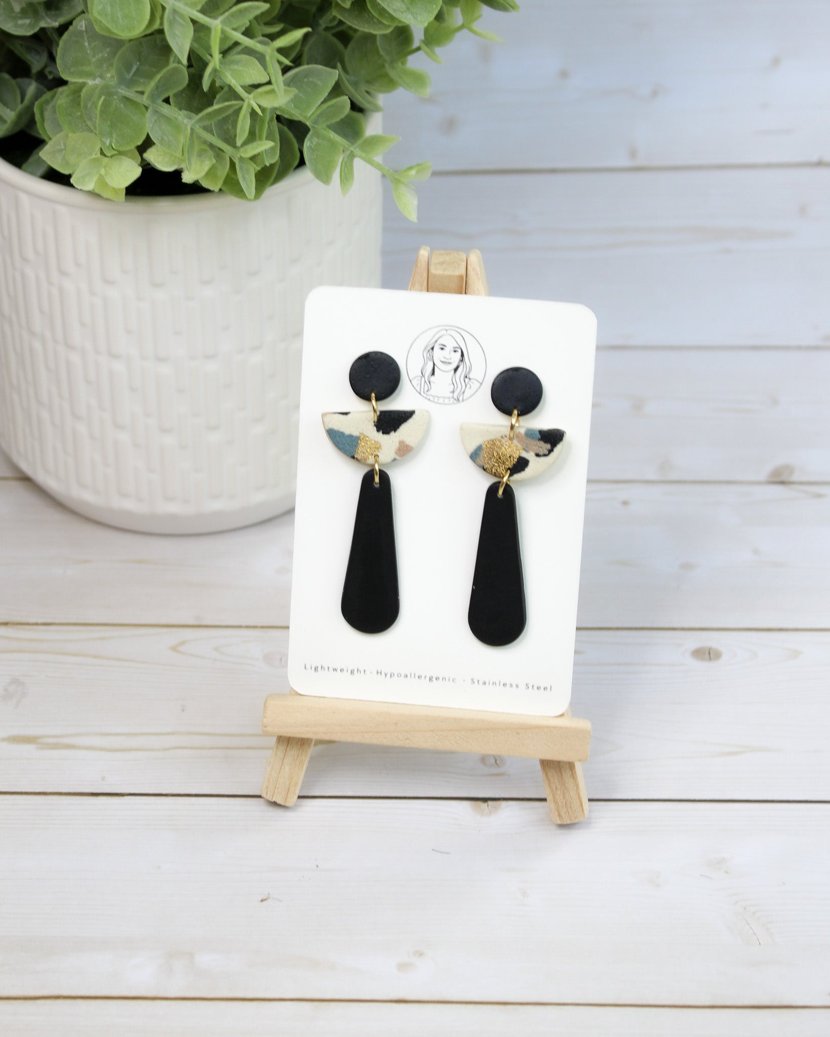 TL8 Terrazzo Marble Neutral Lightweight Hypoallergenic Earrings | Modern Blush, black & Ivory Gold Dangle Earrings | Gift for Her | Boutique