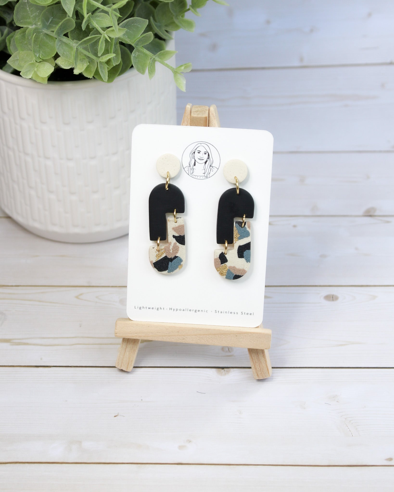 TL12 Terrazzo Marble Neutral Lightweight Hypoallergenic Earrings | Modern Blush, black & Ivory Gold Dangle Earrings | Gift for Her | Boutique