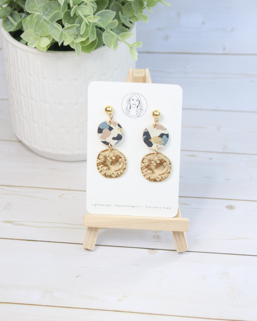 TL4 Terrazzo Neutral Lightweight Hypoallergenic Earrings | Modern Blush, black &amp; Ivory Gold Dangle Earrings | Gift for Her | Boutique